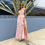 Sexy Prom Dress For Women's Holiday Printed Long Dress Deep V Off Back Bodycon Ruffled Floral Dress Party Night Club Pink