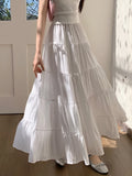 Bowknot Midi Long Skirt Women Korean Sweet Spring Summer High Waisted Ruffle A-Line Pleated Skirt White Black