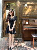 Vintage Square Collar Puff Sleeve Sexy Maxi Birthday Dress for Women Clothing Y2k Bodycon Evening Mini Dresses Summer  Black