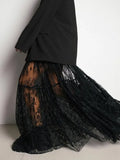 Mesh Sexy Lace Perspective Pleated Skirt Women Long Tulle High Waist Black Jacquard Skirts Lady Spring Summer Petticoat