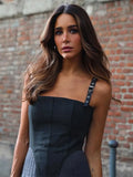 Female Sexy Grey Patchwork Spaghetti Strap Dress Fashion Sleeveless Pleated A Line Dresses Autumn Lady High Street Vestidos