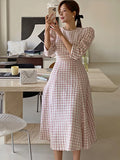 Korean Chic French Style New Spring Summer Tweed Dress For Women Celebrity Pink Plaid Woolen Dresses Vestidos