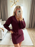 Darianrojas  - holiday outfits Casual Knitted Women 2 Pieces Set V-neck Long Sleeve Sweater A-line Skirts Wine Red Female Sets Autumn Fashion Lady Outfits