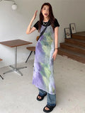 Vintage Tie Dye Print Mesh Dress Women Sexy Y2k Spaghetti Strap Maxi Dresses Korean Fashion 2 Piece Set Robe Vestidos De Mujer