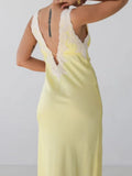 Contrast Lace Trim Neckline Midi Dress Women Yellow Satin V-neck Off Shoulder Long Dress Summer Lady Party Evening Vestidos