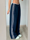 Side Zipper Split Contrast Stripe Loose Casual Women Straight Leg Pants Y2K Baggy Trousers