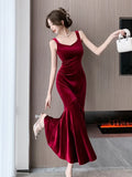 Sexy French Velvet Backless Sleeveless Midi Dresses for Women Autumn Winter Elegant Wedding Party Mermaid Female Clothing