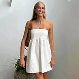 Elegant Solid Strapless Dress Women's Sleeveless Beach Vacation Short Dress Splice Off Shoulder Loose High Waist Clothing