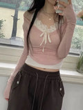 Sweet Y2K Lace Contrast Patchwork Slim Long Sleeve Pink T Shirt Women 2000s Cute Kawaii Clothes