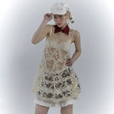 Japanese Y2k Lace Dress Grunge Aesthetics Hollow Out Short Dresses Fairycore Vintage See Though Evening Dresses Lolita