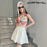 Kawaii Cute Mini Skirt Women Korean Fashion Patchwork Fairycore High Waist Fluffy White Skirt Vacation Outfits Summer