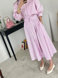 Darianrojas  - holiday outfits Spring Summer Women's Long Striped Shirt Dress with Belt Full Sleeve Stand Collar Slim A-line Dresses Female