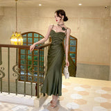 Satin Suspender Midi Dresses for Women New Summer Elegant Party Evening Clothes Female Fashion Sexy Slim Green Dress Vestid