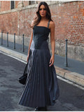 Female Sexy Grey Patchwork Spaghetti Strap Dress Fashion Sleeveless Pleated A Line Dresses Autumn Lady High Street Vestidos