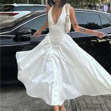 Sexy Halter White Dresses Women Off Shoulder Bodycon Midi Dress Deep V Neck Ruched Long Dress Backless Party Dresses Woman