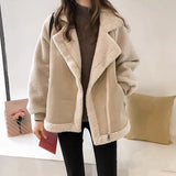 Winter Sheep Wool Coat Women Thick Warm Long Sleeve Zipper Pocket Jacket Women Fashion Leather Motorcycle Jacket Coats