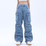 Solid Color Overalls Jeans Women's Y2K Street Retro Loose Wide-Leg Overalls Couple Casual Joker Mopping Jeans Pants Women