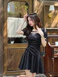 Vintage Square Collar Puff Sleeve Sexy Maxi Birthday Dress for Women Clothing Y2k Bodycon Evening Mini Dresses Summer  Black