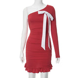 Sexy One Shoulder Red Dress Hot Girls Single Sleeved Bow Pleated Short Bodycon Dress Women Slim Fashion Pleated Birthday Dresses