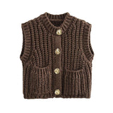 Darianrojas  -  Casual Knit Sweater Vests Women Solid O Neck Single Breasted Sleeveless Pockets Waistcoat Autumn Winter Thicken Tops Lady