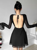 Backless Black Dress Women Elegant Back Hollow Out Lace-up Long Sleeve Mesh Sheer Sexy A-line Mini Dress Evening Party