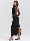 Mozision Elegant Sheer Long Sleeve Bodycon Maxi Dress For Women Fashion Mesh Black Strapless Backless Club Party Sexy Dress