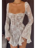 Women's Elegant Solid Lace Perspective Mini Dress Vintage Flared Sleeve High Waist Vestido Fashion Evening Prom Party Short Robe