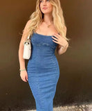 Summer Women's Retro Denim Dress Fashion Square Collar Sleeveless Open Back Zipper Slim Female Slit Mid-length Dress