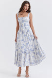Summer Blue Floral Print Dress Set Elegant Midi 2 Pieces Dress Set for Holiday Party Ruffle Women Dresses