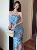 Darianrojas  -  Retro Blue Flower Backless Strapless Evening Party Dress Women Elegant Sleeveless Ruffle Edge Split Dress Summer Prom Robe Boho