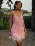 Tassel Sequins Dress Women Elegant Feather Spaghetti Straps Mini Dresses Summer Sexy Party Club Evening Dresses Vestidos