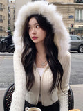 White Solid Slim Zip Up Hooded Cropped Sweater Cardigan Women Autumn Winter New Sweet Coquette Fluffy Outerwear