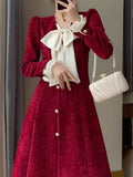 Vintage Red Wedding Party Midi Dresses for Women Autumn New Elegant Chic Birthday Evening Prom Long Sleeves Female Clothing