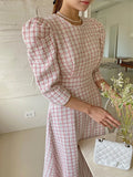 Korean Chic French Style New Spring Summer Tweed Dress For Women Celebrity Pink Plaid Woolen Dresses Vestidos