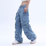 Solid Color Overalls Jeans Women's Y2K Street Retro Loose Wide-Leg Overalls Couple Casual Joker Mopping Jeans Pants Women