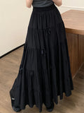 Bowknot Midi Long Skirt Women Korean Sweet Spring Summer High Waisted Ruffle A-Line Pleated Skirt White Black