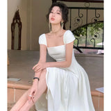 French Elegant Women White Wedding Party Dress Vintage Square Collar Robe Female Sundress Retro Black Evening Dress Vestido