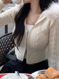 White Solid Slim Zip Up Hooded Cropped Sweater Cardigan Women Autumn Winter New Sweet Coquette Fluffy Outerwear