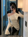 T-shirts Slim Autumn Off Shoulder Fashion Casual All-match Comfortable Sexy European Style Simple Solid Apricot Lace-up Students