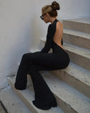 Solid Black Sexy Backless Bodycon Wide Leg Jumpsuit Women Autumn Casual Slim Long Sleeve O-Neck Playsuit Lady Streetwear