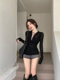 Y2k Aesthetic Sexy Bandage Women Sweaters See Through Slim Vintage Solid Pullovers Harajuku Grunge All Match Bottoming Knitwear
