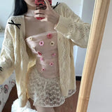 Kawail Hollow Out Knitted Cardigan Bow Knot Sweater Japanese Fashion Women Aesthetic Knitwear Spring Cute Sweet Preppy