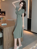 Midi Dresses Women Mature Side-slit Chic Soft Bandage French Style V-neck Summer Temper Aesthetic Fashion Streetwear Vestidos