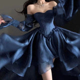 High-low Trailing Princess Mini Dress Women Puff Sleeves Lace Up Frill Trim Royal Blue Satin Wedding Party Ball Gown