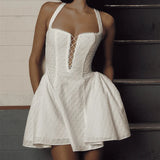 White Halterneck Mini Dress For Women High Waist Hollow Lace Up Embroidery Sleeveless Folds Sexy Backless Evening Dress