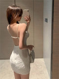 Summer Sexy White Spaghetti Strap Party Mini Dress French Prom Women Clothe Backless Pearls Camisole Black Sleeveless Dress