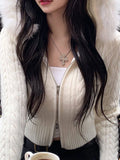 White Solid Slim Zip Up Hooded Cropped Sweater Cardigan Women Autumn Winter New Sweet Coquette Fluffy Outerwear