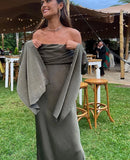 Fashion Sexy Solid Off Shoulder Midi Dress For Women Elegant Chic Slash Neck Long Sleeve Dresses Female Evening Party Club Robes