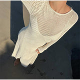 Cotton Knit Hollow Out Dress Women Solid See Through Long Sleeve Swimsuits Summer Female Beach Vacation Wrap Buttock Dress