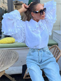 Ruffle Loose Women Shirts Cotton Long Sleeve Elegant White Tshirt Ladies Street Casual Holiday Baggy Cover Up Female